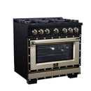 FORNO Valente 36-Inch Dual Fuel Range in Black with Antique Brass Handle and Decorative Copper Trim, 5.2 Cu. Ft. Convection Oven, 6 Sealed Burners, 71,000 BTU (FFSGS6199-36CPBLK)