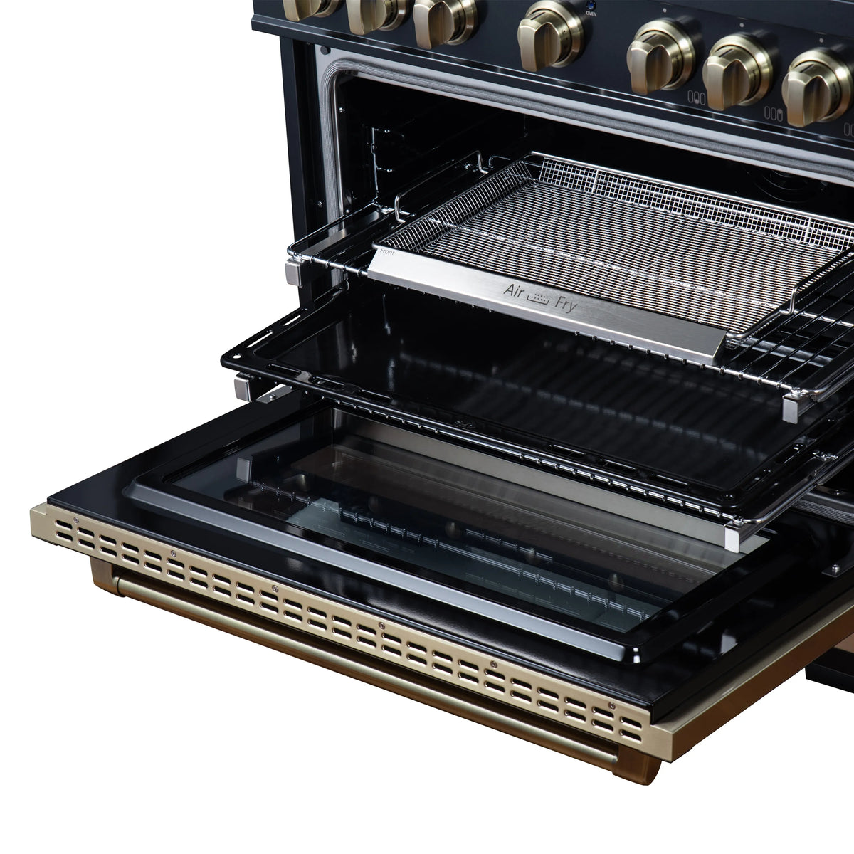 Black dual fuel range with open convection oven and wire rack inside