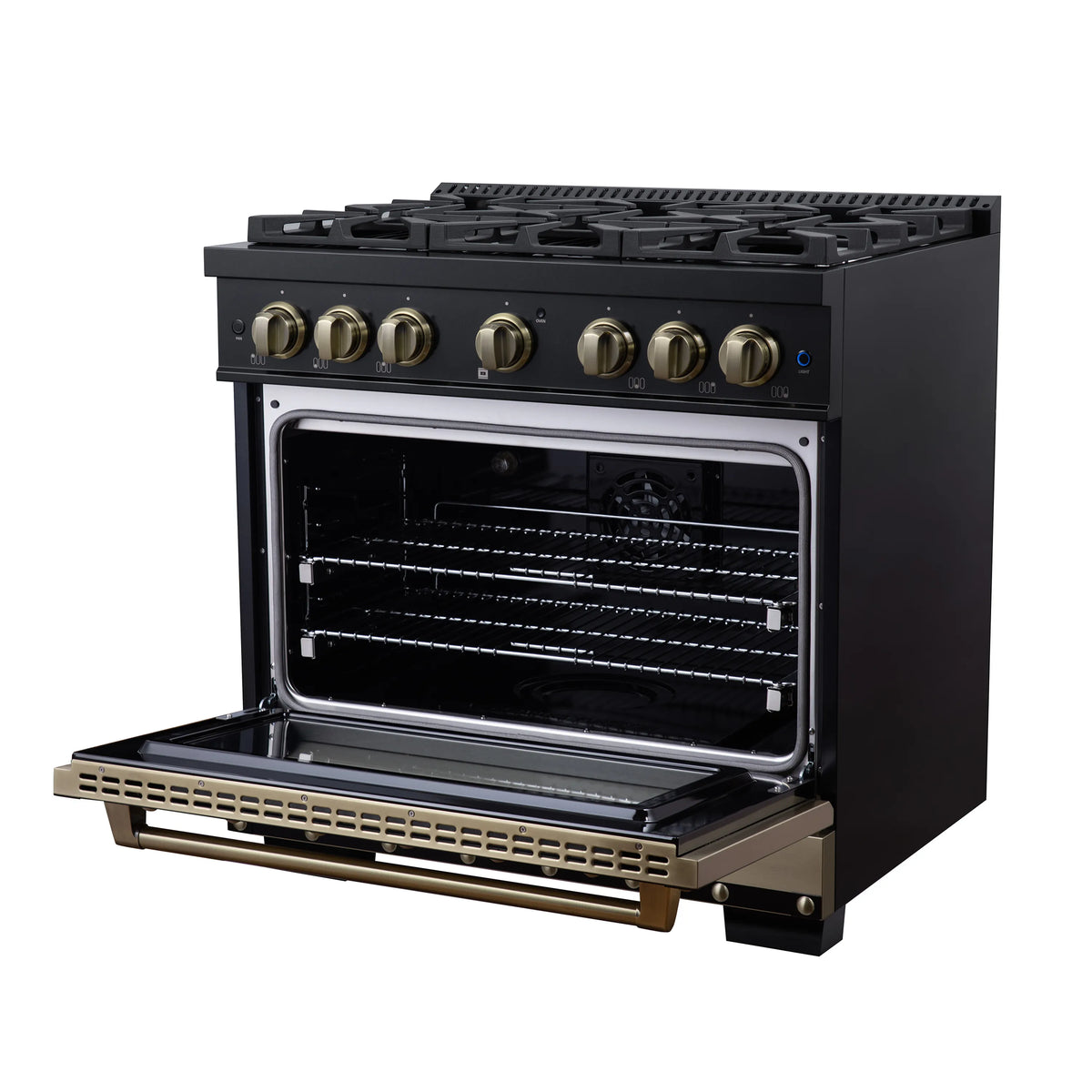Black dual fuel range with open oven door and interior racks