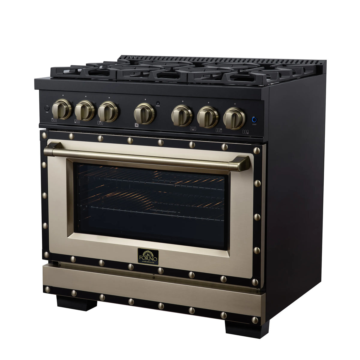 Black dual fuel range with brass knobs and closed oven door window