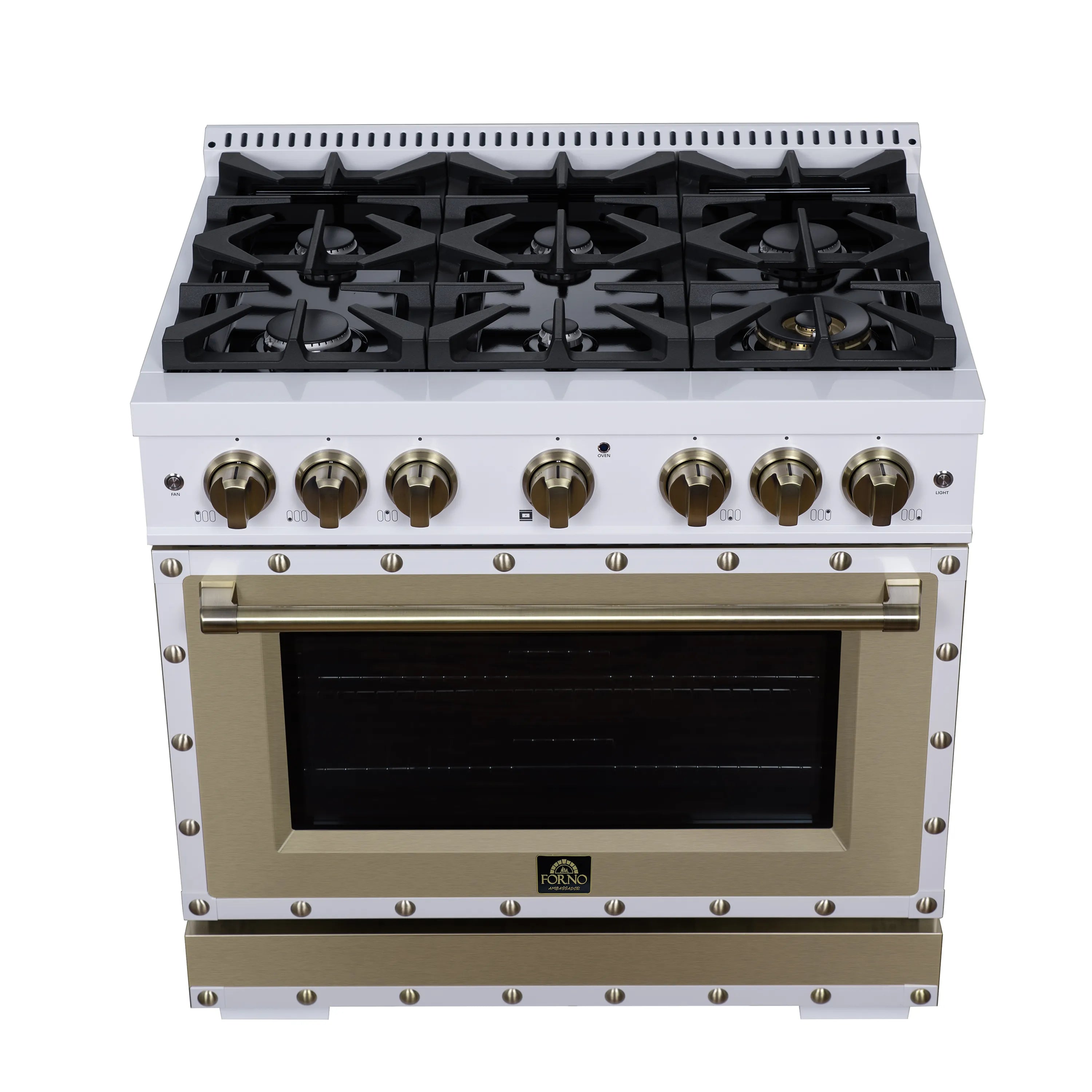 White dual-fuel range cooktop with six black grates, brass knobs, and oven door