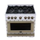 FORNO Valente 36-Inch Dual Fuel Range in White with Antique Brass Handle and Decorative Copper Trim, with 5.2 Cu. Ft. Convection Oven, 6 Sealed Burners, 71 000 BTU Cooktop Output, Telescopic Racks (FFSGS6199-36CPWHT)