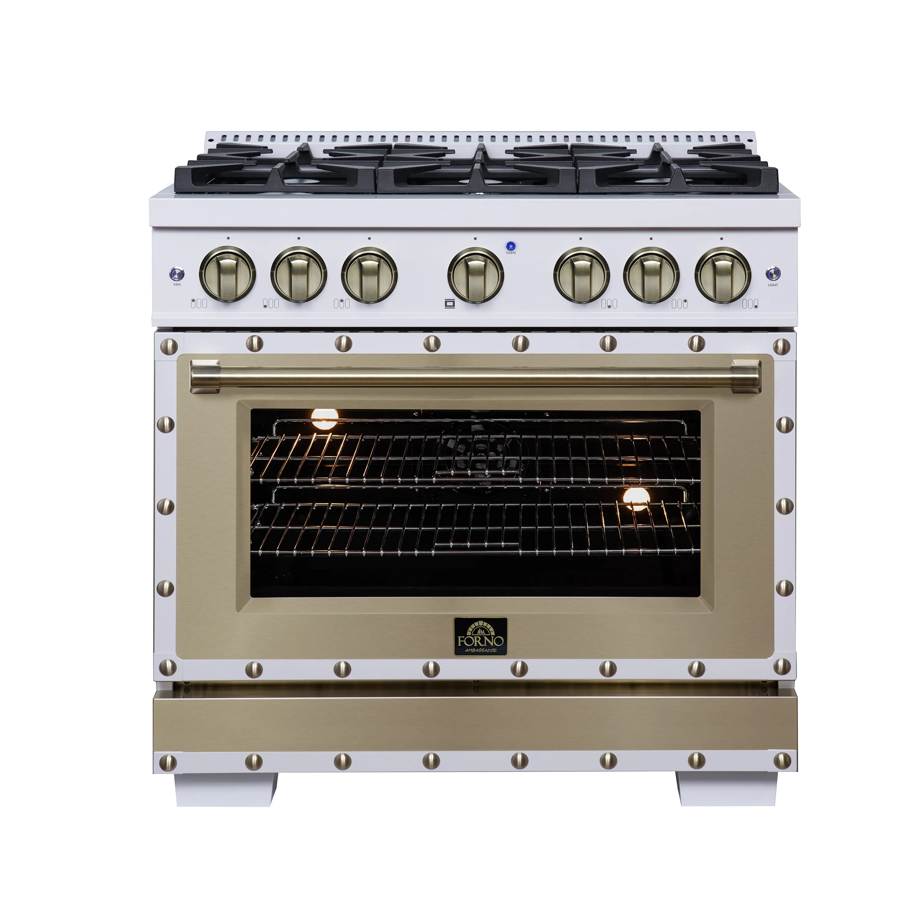 White dual-fuel range with antique brass knobs, gas burners, and lit convection oven window