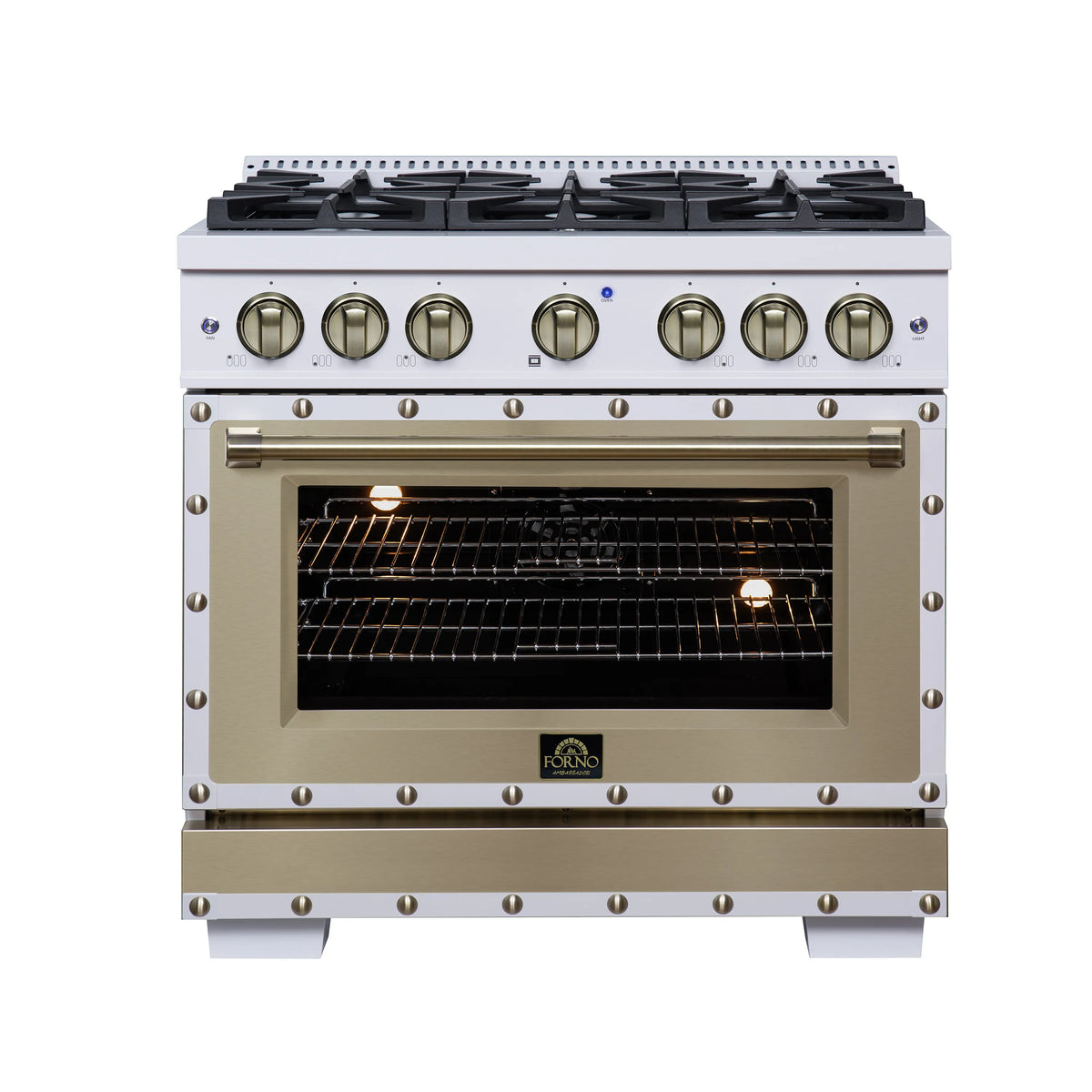 Forno Ambassador 36-Inch Dual Fuel Range in White with 6 Sealed Burners, 71,000 BTU Cooktop Output, 5.2 Cu.Ft. Convection Oven, Telescopic Racks (FFSGS6199-36CPWHT)