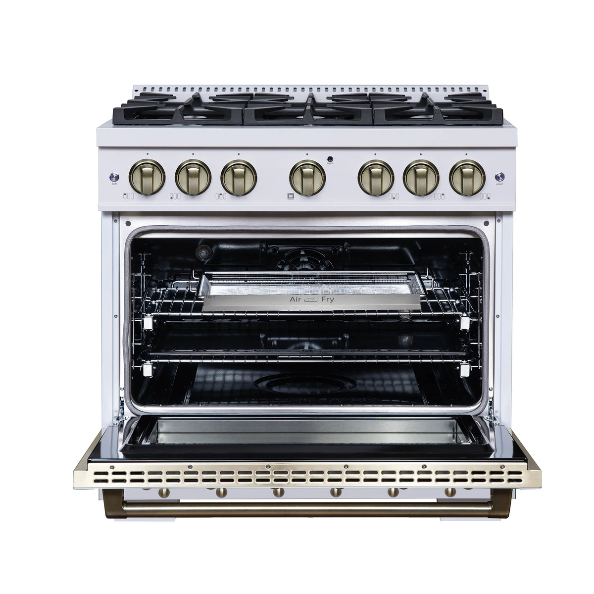 White dual-fuel range with open oven door showing racks and black interior