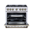 FORNO Valente 36-Inch Dual Fuel Range in White with Antique Brass Handle and Decorative Copper Trim, with 5.2 Cu. Ft. Convection Oven, 6 Sealed Burners, 71 000 BTU Cooktop Output, Telescopic Racks (FFSGS6199-36CPWHT)