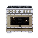 FORNO Valente 36-Inch Dual Fuel Range in White with Antique Brass Handle and Decorative Copper Trim, with 5.2 Cu. Ft. Convection Oven, 6 Sealed Burners, 71 000 BTU Cooktop Output, Telescopic Racks (FFSGS6199-36CPWHT)
