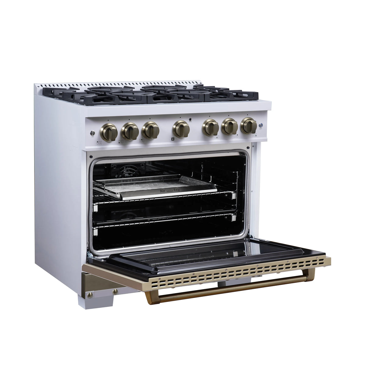 White dual-fuel range with open oven door and brass-finished pull-out handle