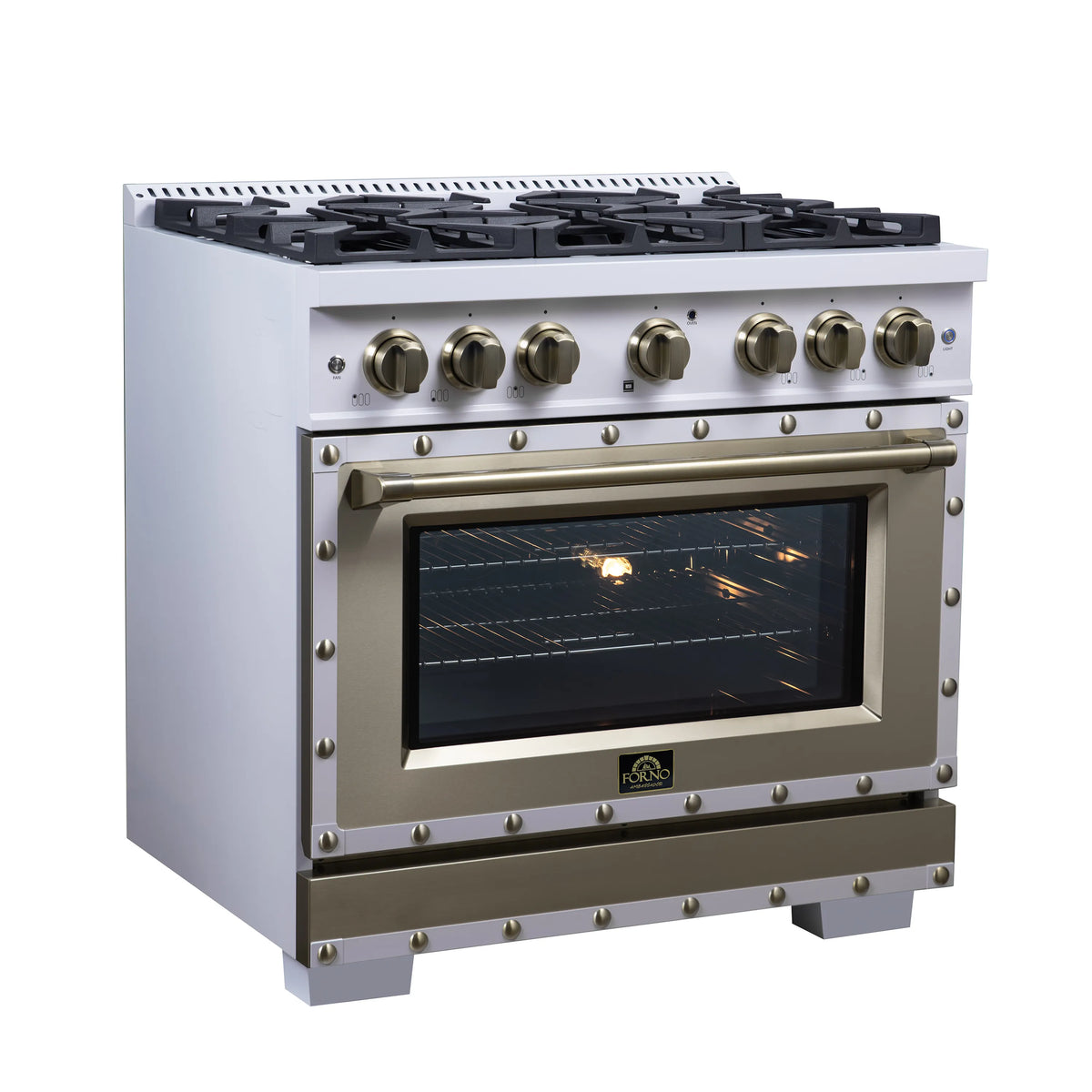 White dual-fuel range with six brass control knobs and oven door with interior light on