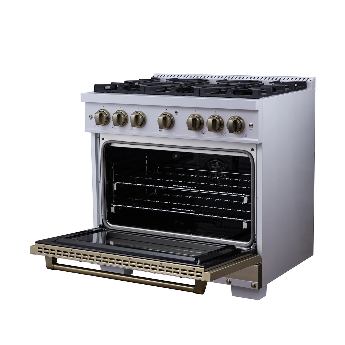 White dual fuel range with open oven door, brass knobs, and black gas burners