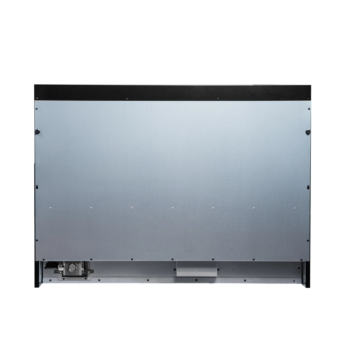Bottom of black dual-fuel range with rear access panel and mounting hardware