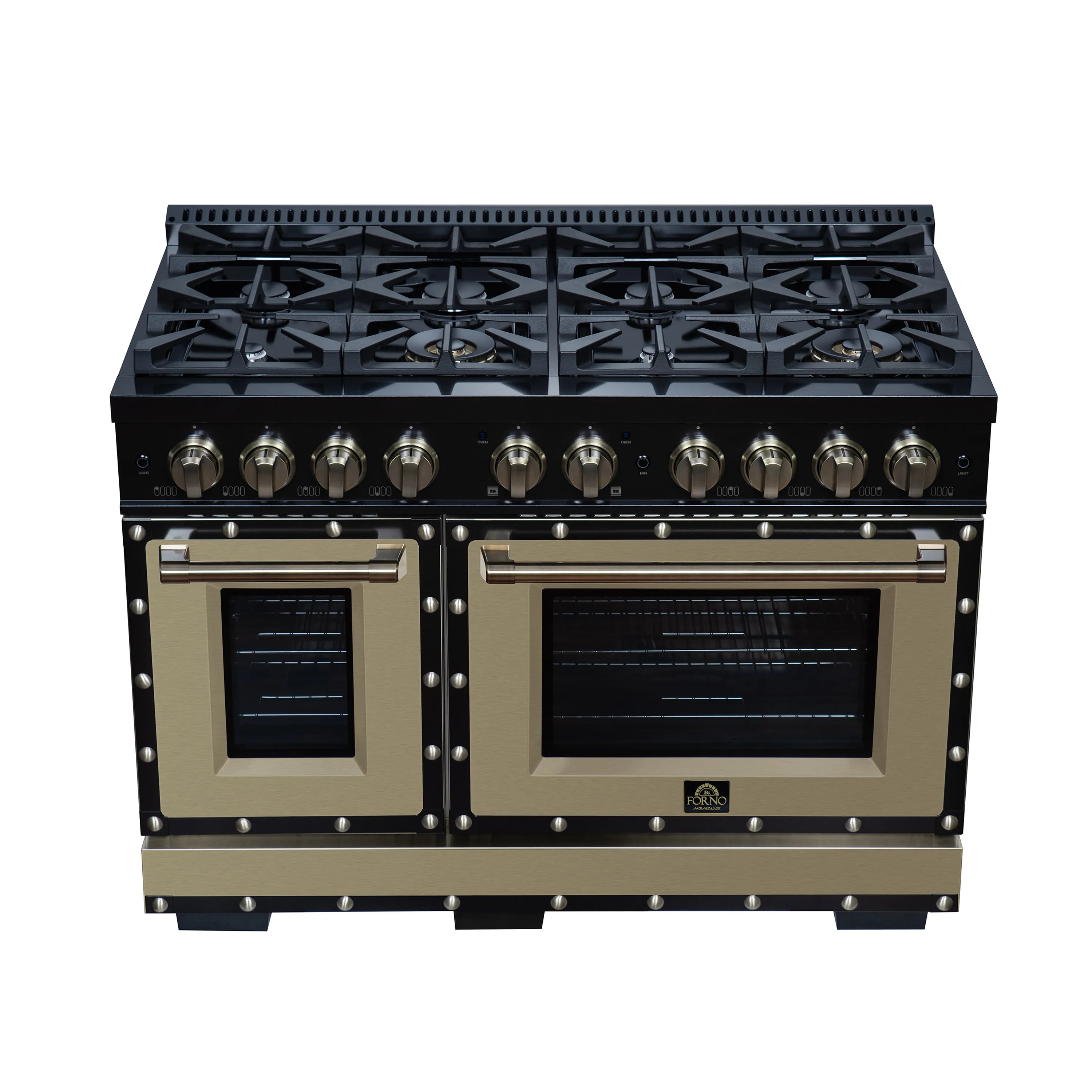 Black dual fuel range with multiple sealed burners, brass knobs, and two oven doors