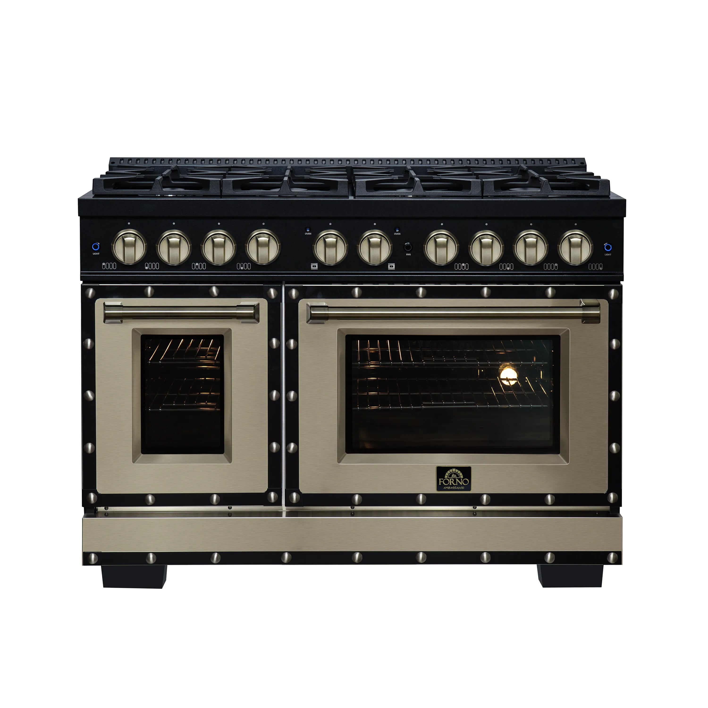 Black dual-fuel range front view with dual glass oven doors and brass trim handles