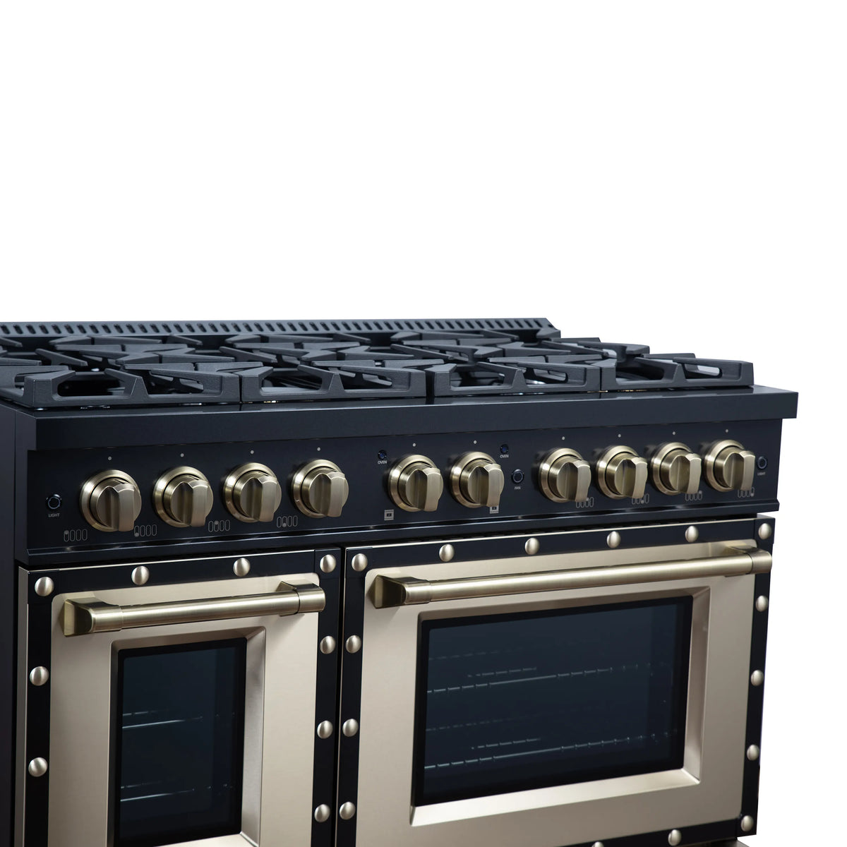 Black dual fuel range front with brass control knobs and two glass oven doors