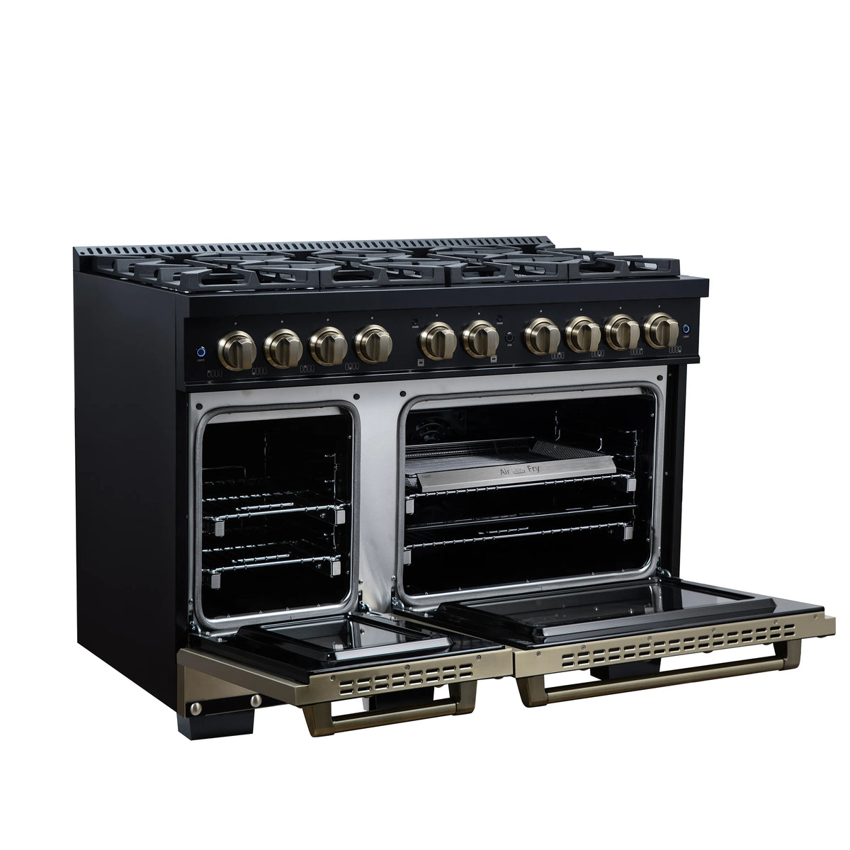 Black dual fuel range with both ovens open, wire racks visible, brass handles and knobs