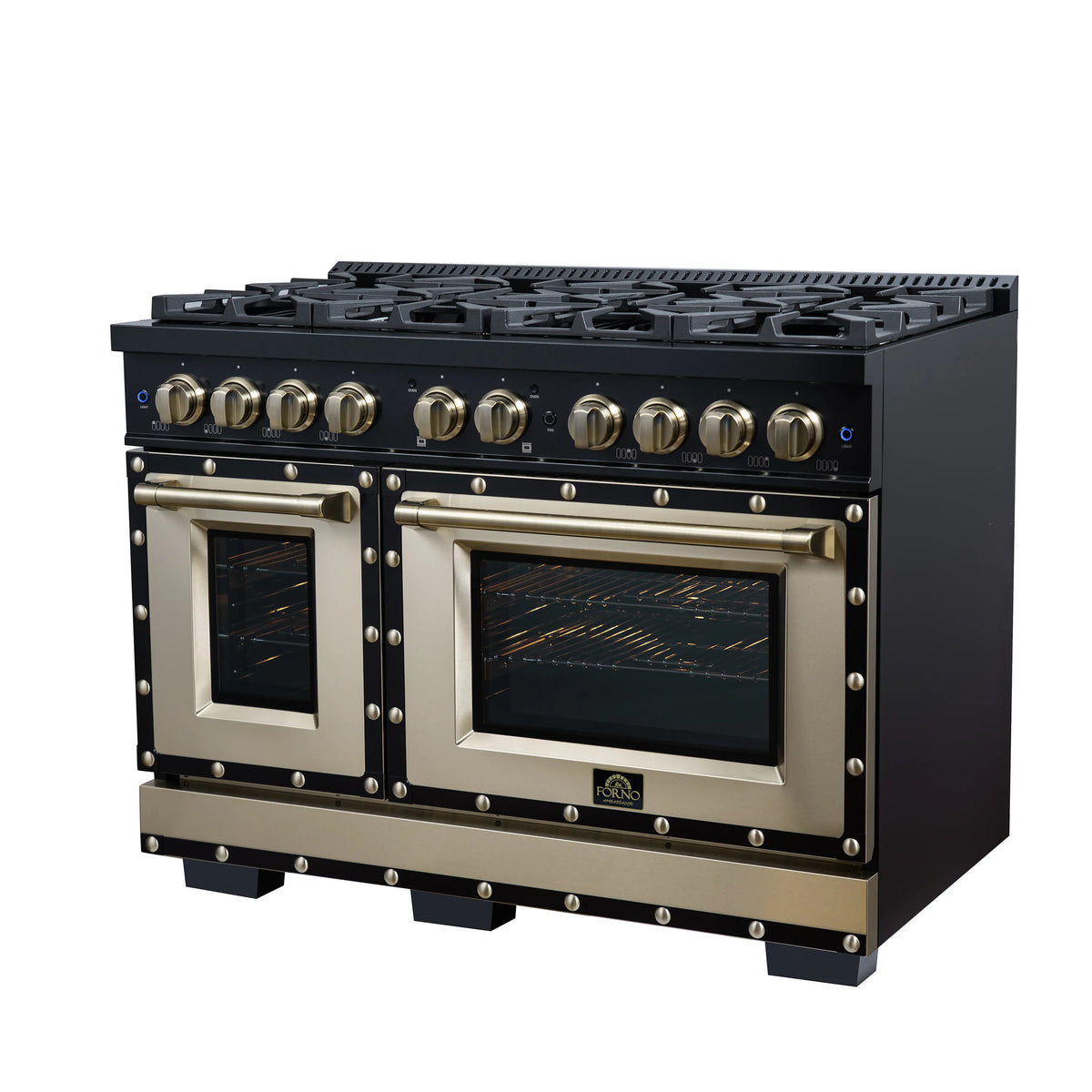 Black dual fuel range front view with brass knobs, large glass oven windows, and trim