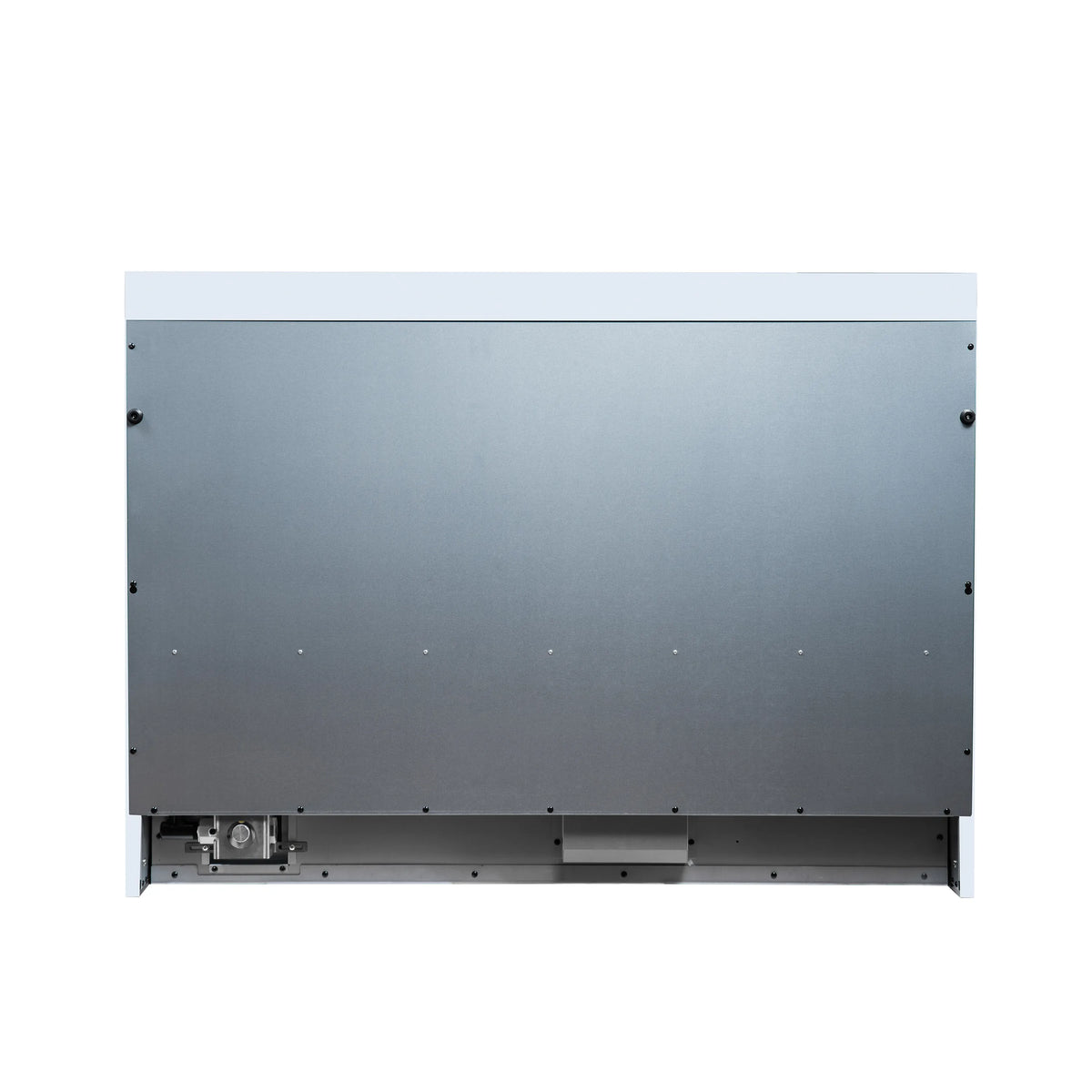 Dual fuel range rear access panel in white metal with black mounting points