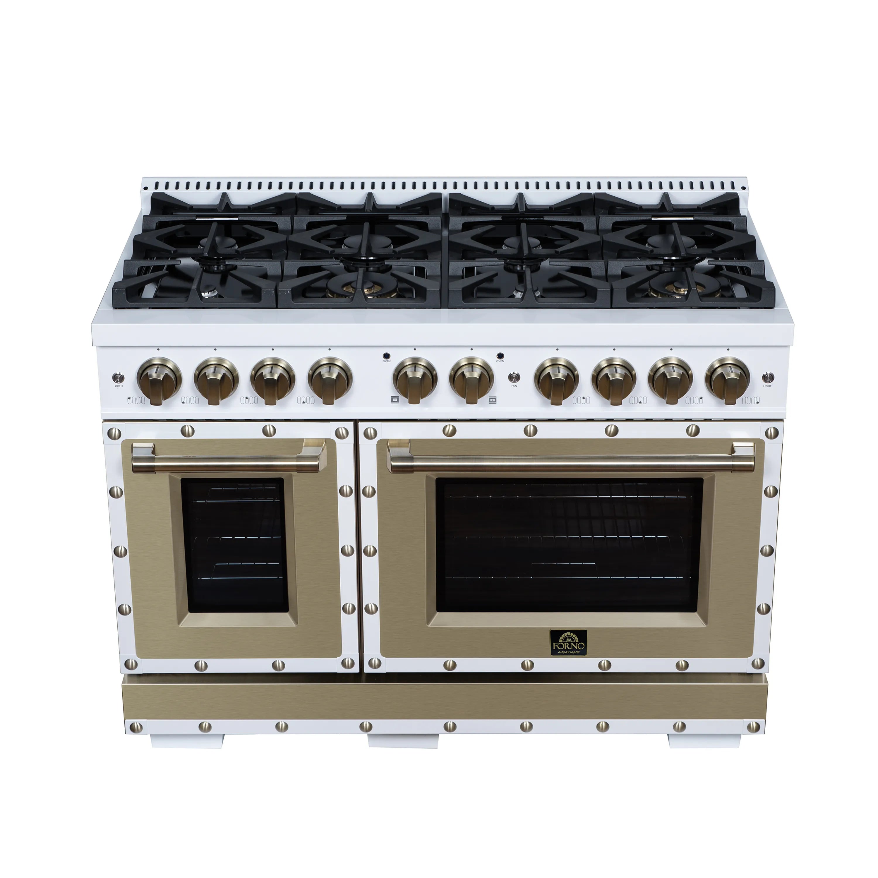 White dual fuel range with eight black burners and two oven windows
