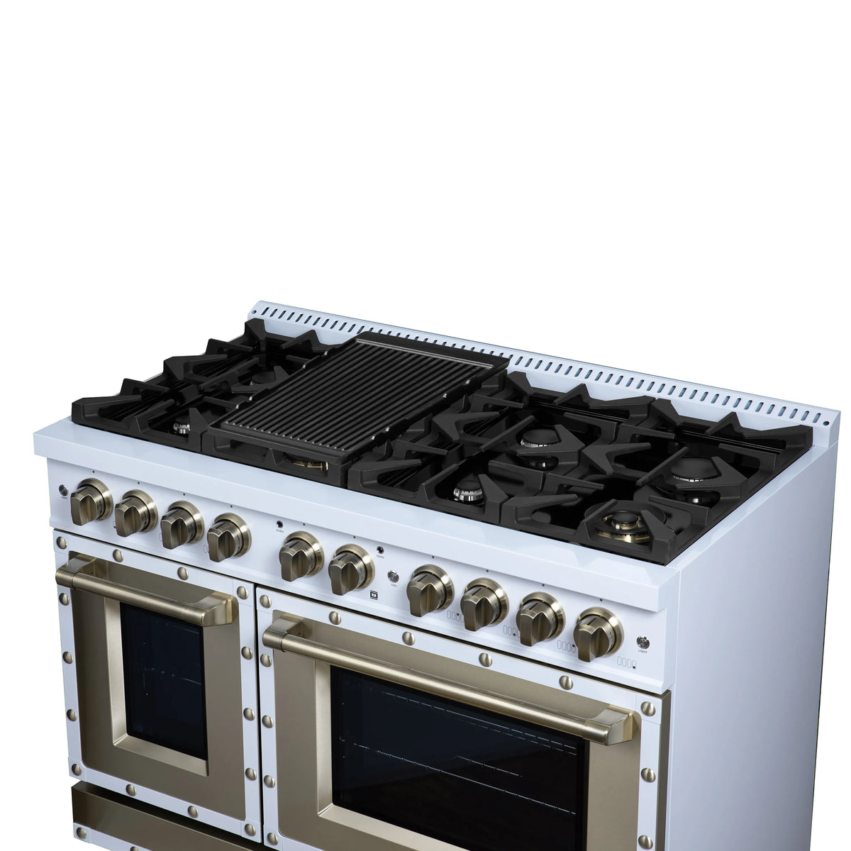 White dual fuel range with open top burners and griddle, black cast-iron grates