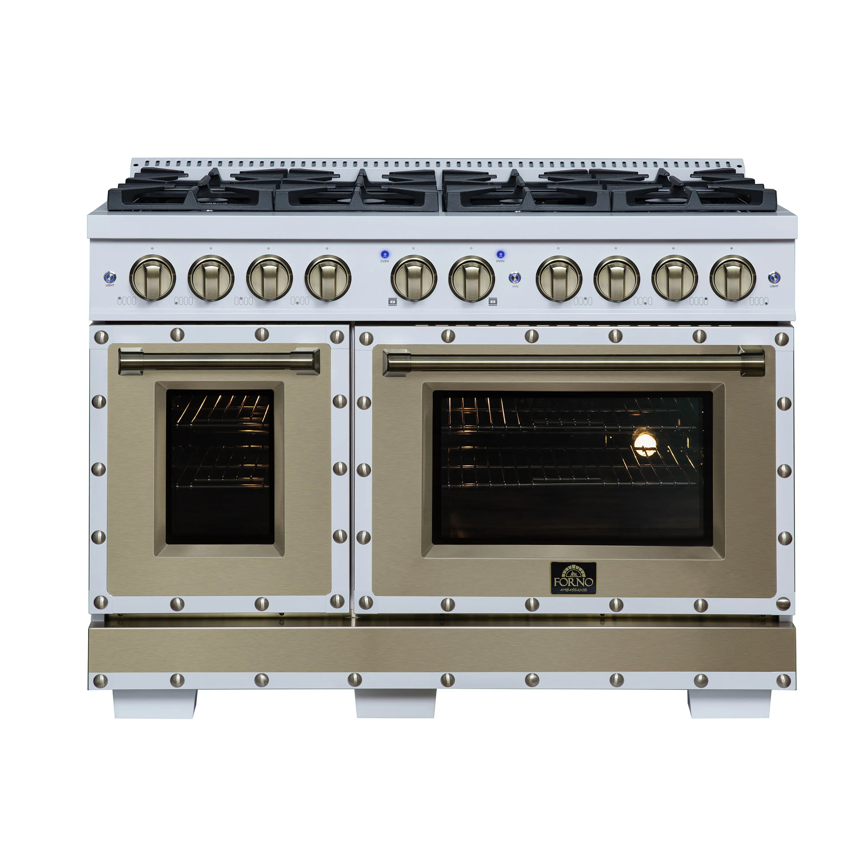 White dual fuel range with brass trim, lit oven windows, and control knobs