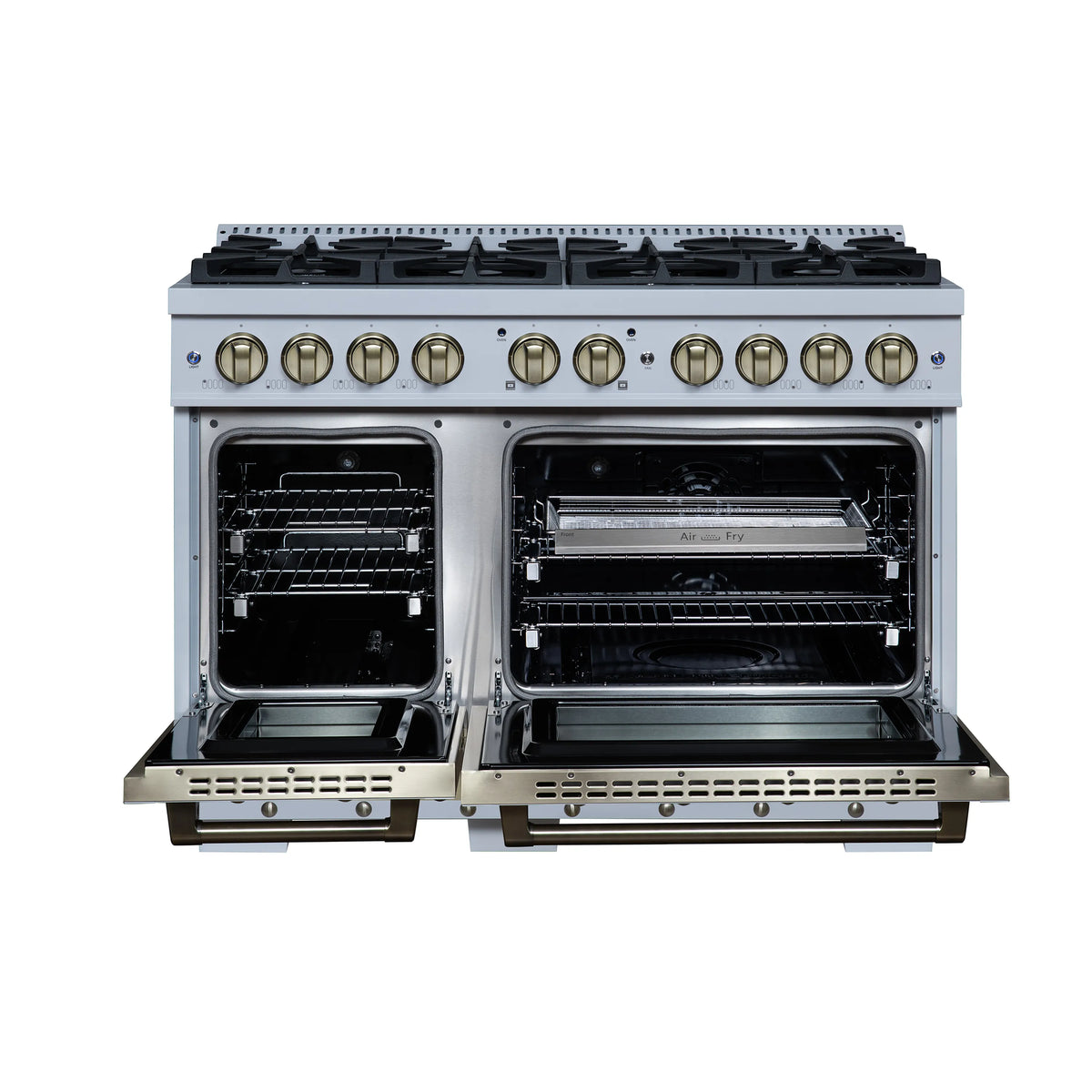 48-inch dual fuel range with both oven doors open, burners on top