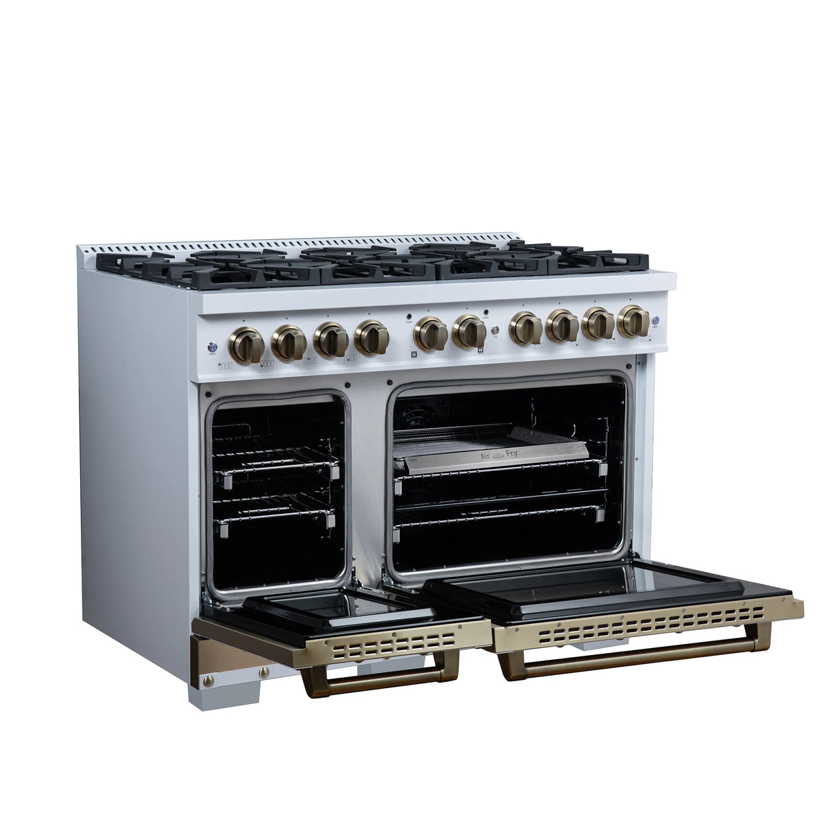 White dual fuel range with open double ovens and black racks