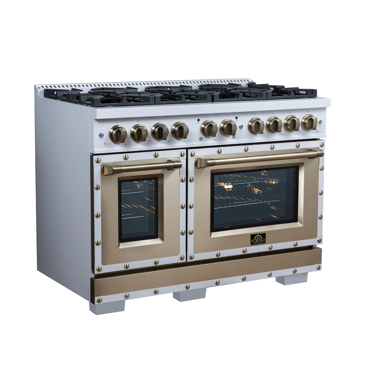 Dual fuel range with white body, brass knobs, and two glass oven doors