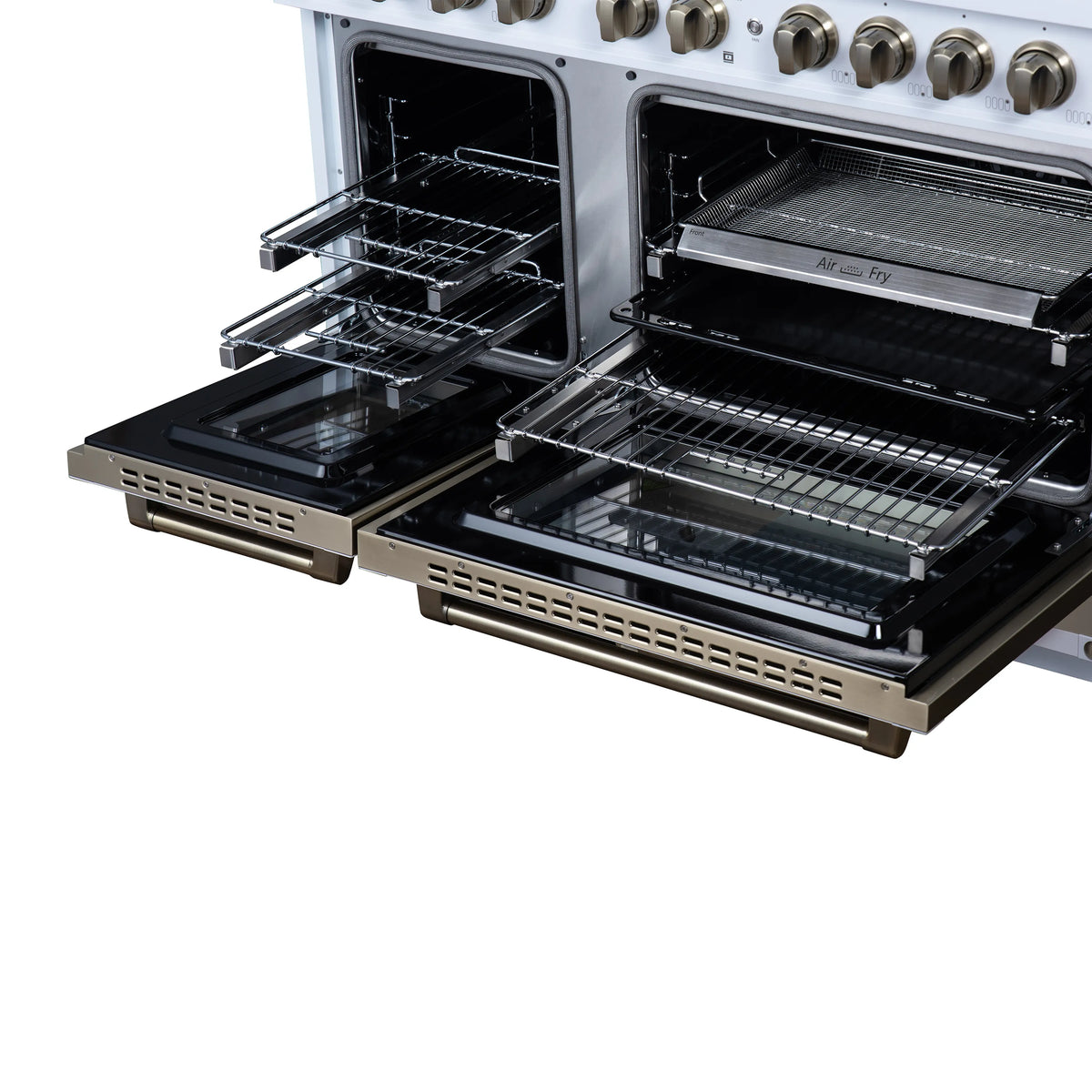 White dual fuel range with open double ovens and brass-and-copper trim