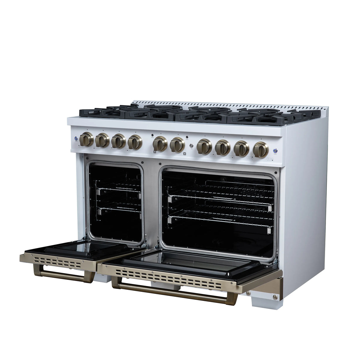 White dual fuel range with both oven doors open and brass handle trim