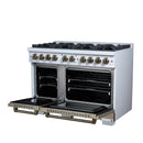 FORNO Valente 48-Inch Dual Fuel Range in White with Antique Brass Handle and Decorative Copper Trim, 6.7 Cu. Ft. Double Oven, 8 Sealed Burners, 94,000 BTU (FFSGS6199-48CPWHT)