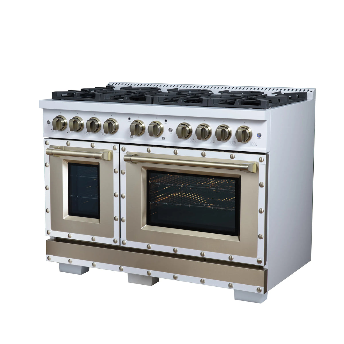 White dual fuel range with two oven doors closed and brass handles