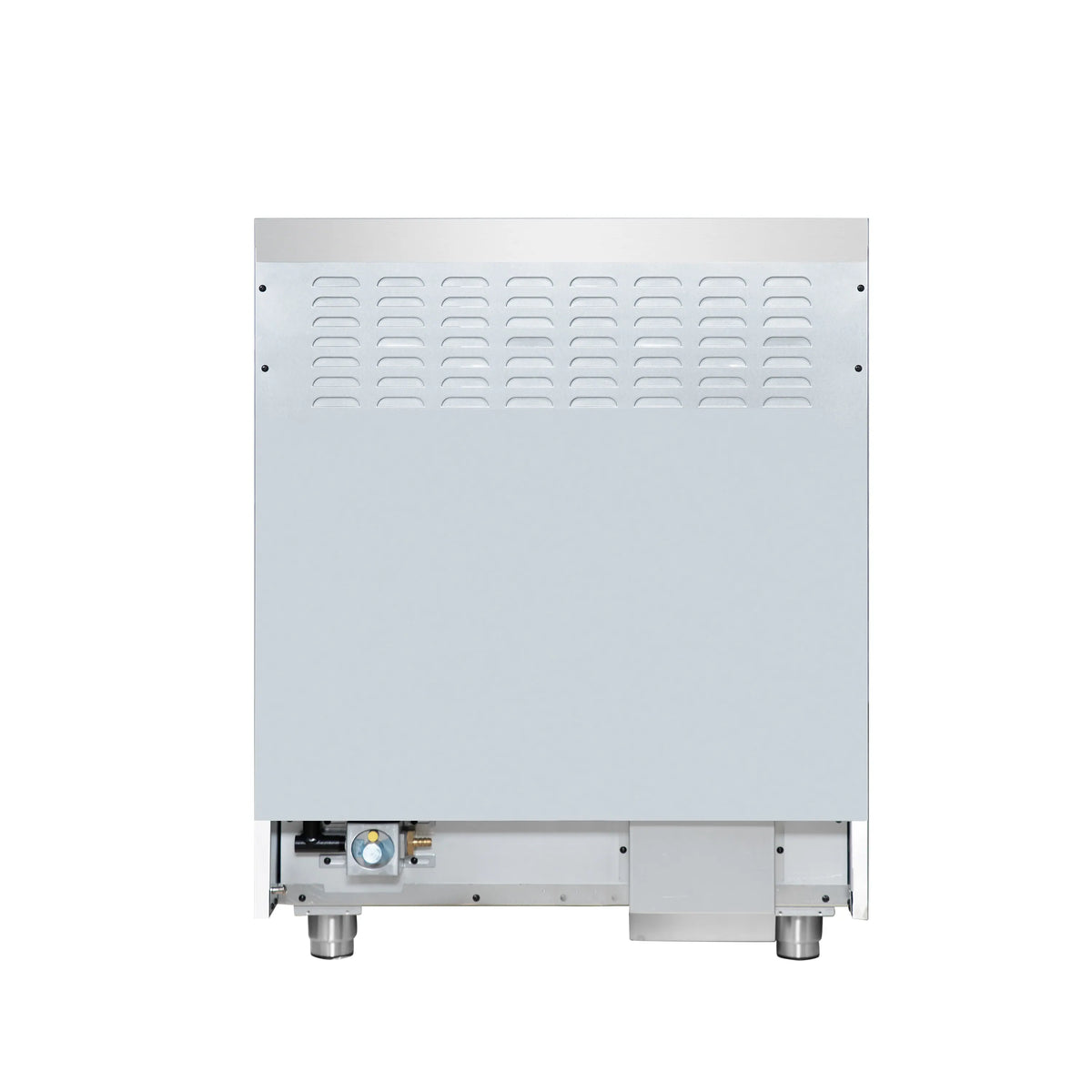 Underside back panel of a white freestanding range with ventilation grille