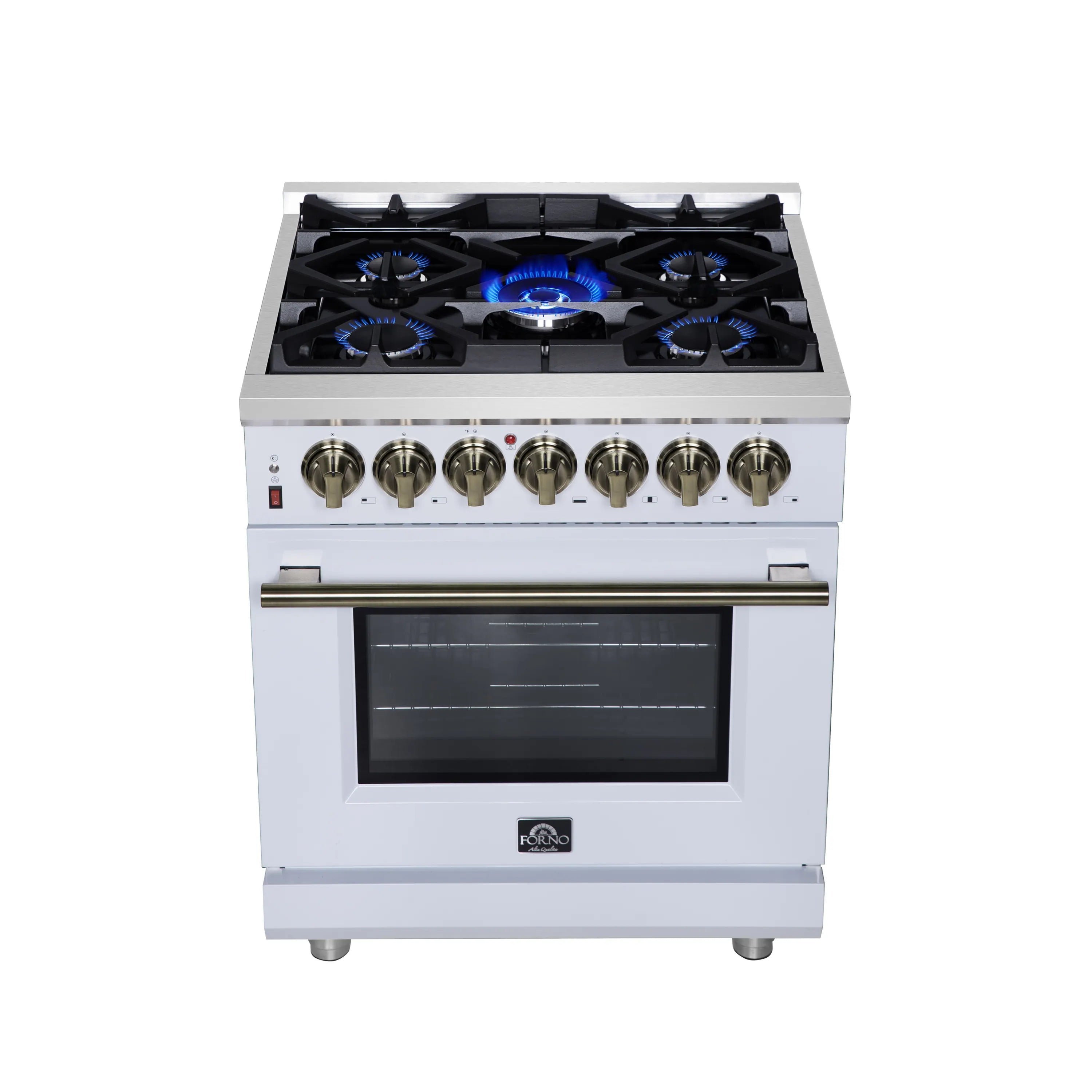 White dual fuel range with lit burners, brass knobs, and oven door window
