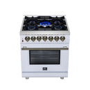Forno Massimo 30-Inch Freestanding Dual Fuel Range with 4 Burners & 4.32 Cu. Ft. Convection Oven in White with Antique Brass Handle (FFSGS6125-30WHT)