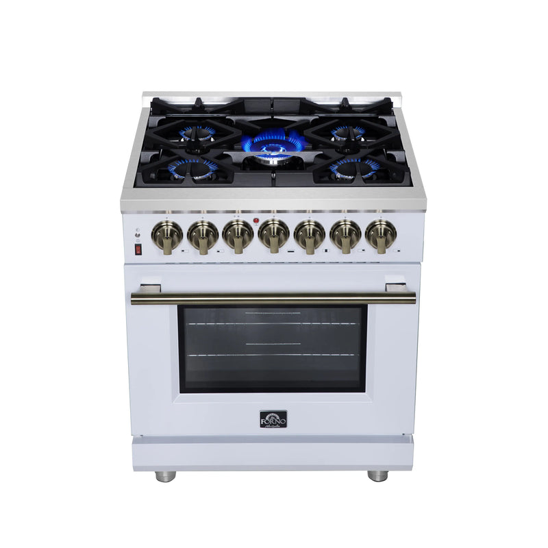 Forno Massimo 30-Inch Freestanding Dual Fuel Range with 4 Burners & 4.32 Cu. Ft. Convection Oven in White with Antique Brass Handle (FFSGS6125-30WHT)