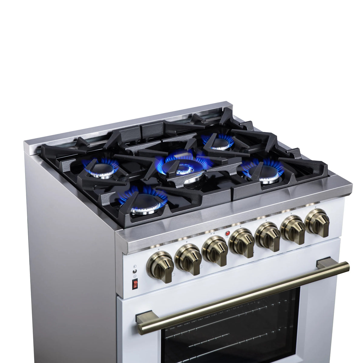 White freestanding dual fuel range with 5 gas burners and antique brass knobs