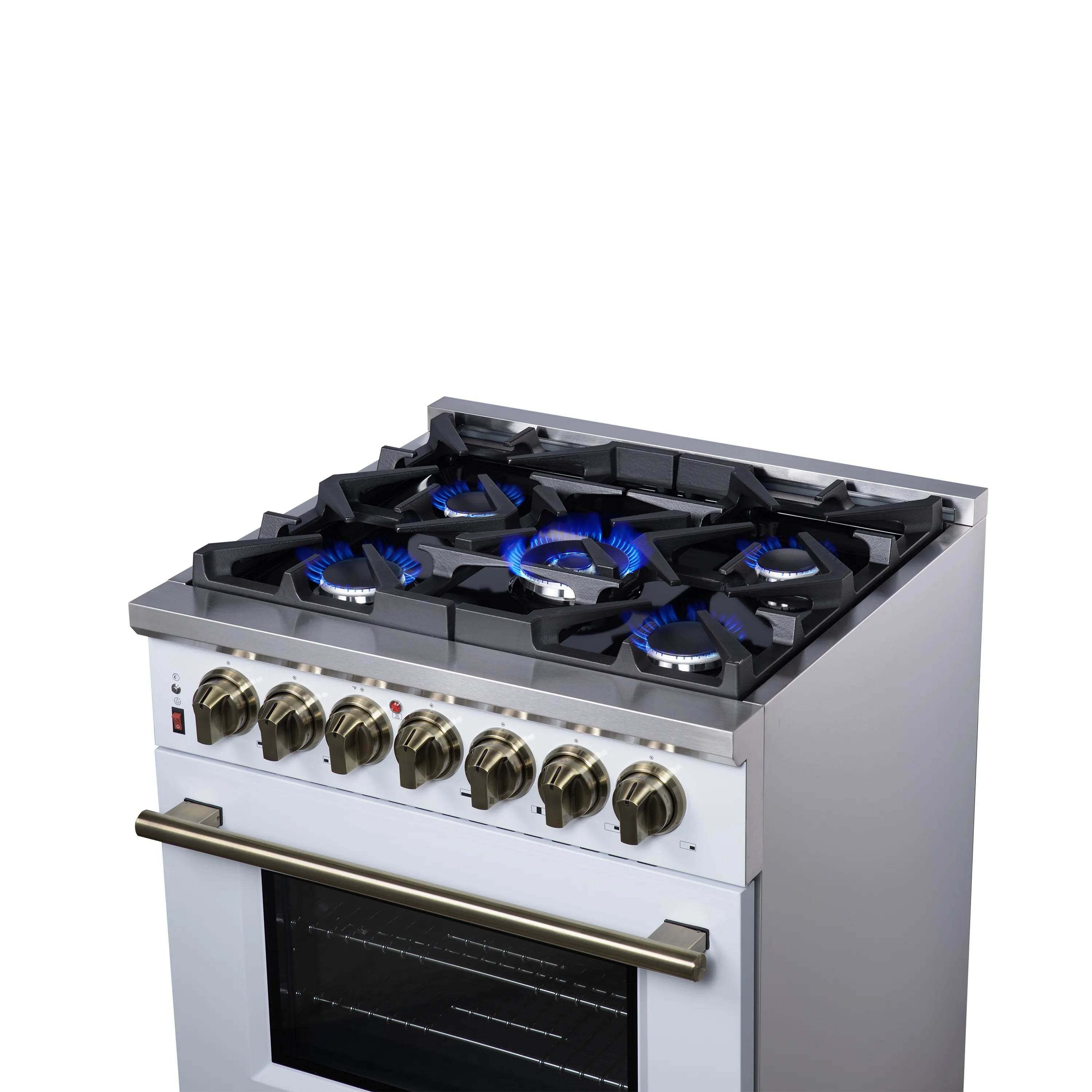 White freestanding dual fuel range with black grates, 5 gas burners, and brass knobs