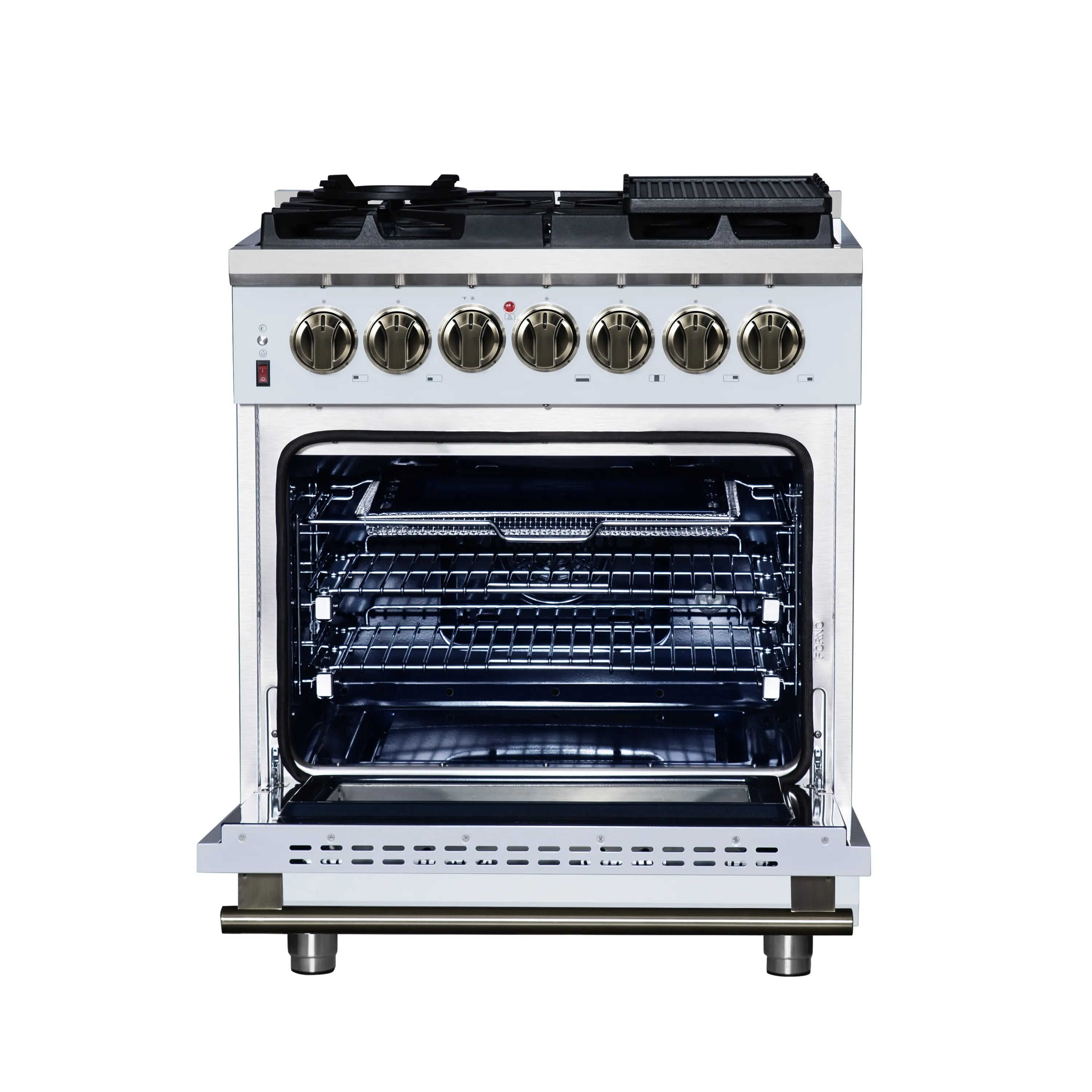 White convection oven with open door and racks, plus brass control knobs on top