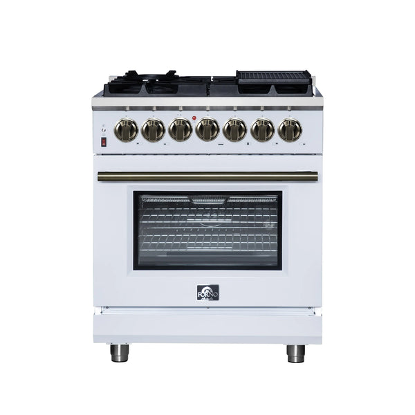 Forno Massimo 30-Inch Freestanding Dual Fuel Range with 4 Burners & 4.32 Cu. Ft. Convection Oven in White with Antique Brass Handle (FFSGS6125-30WHT)
