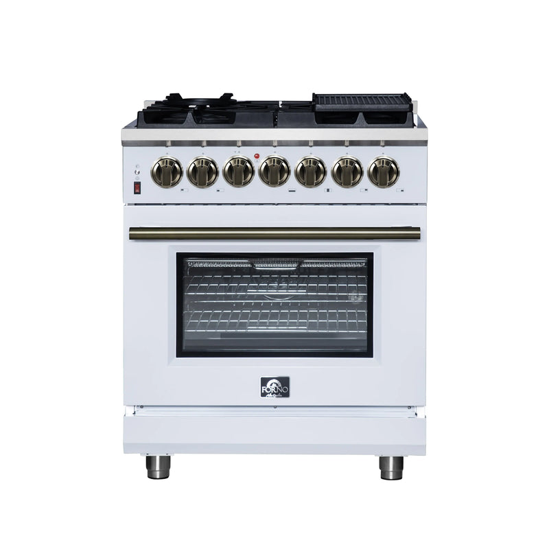 Forno Massimo 30-Inch Freestanding Dual Fuel Range with 4 Burners & 4.32 Cu. Ft. Convection Oven in White with Antique Brass Handle (FFSGS6125-30WHT)