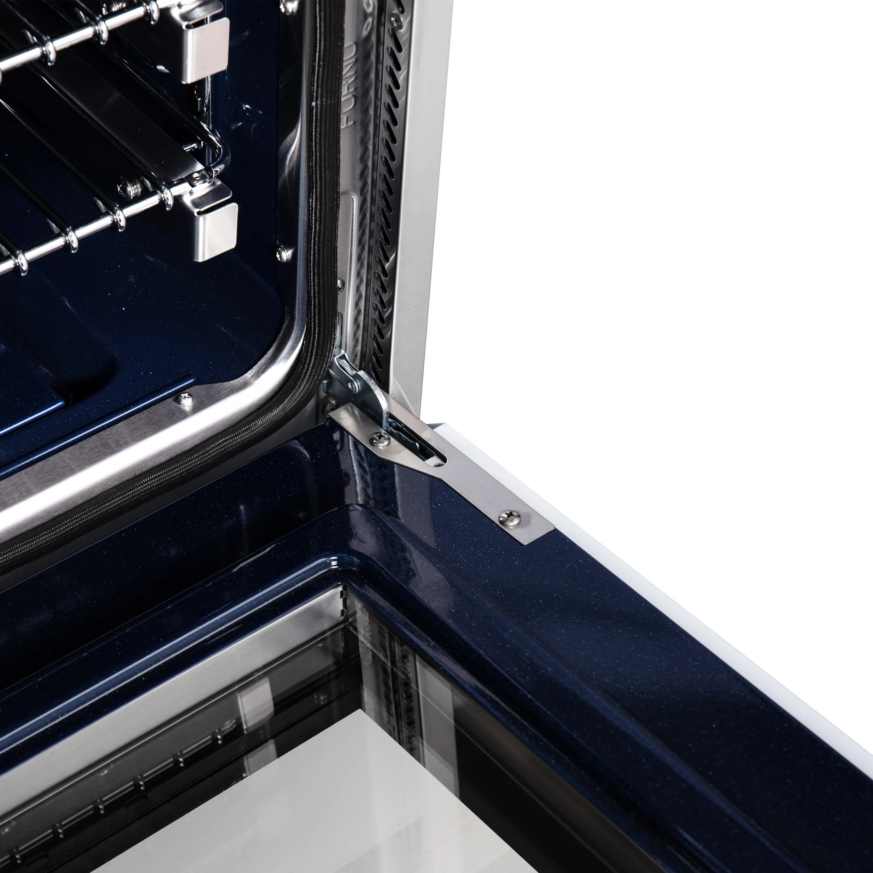 Convection oven side wall with metal rails and dark interior panel
