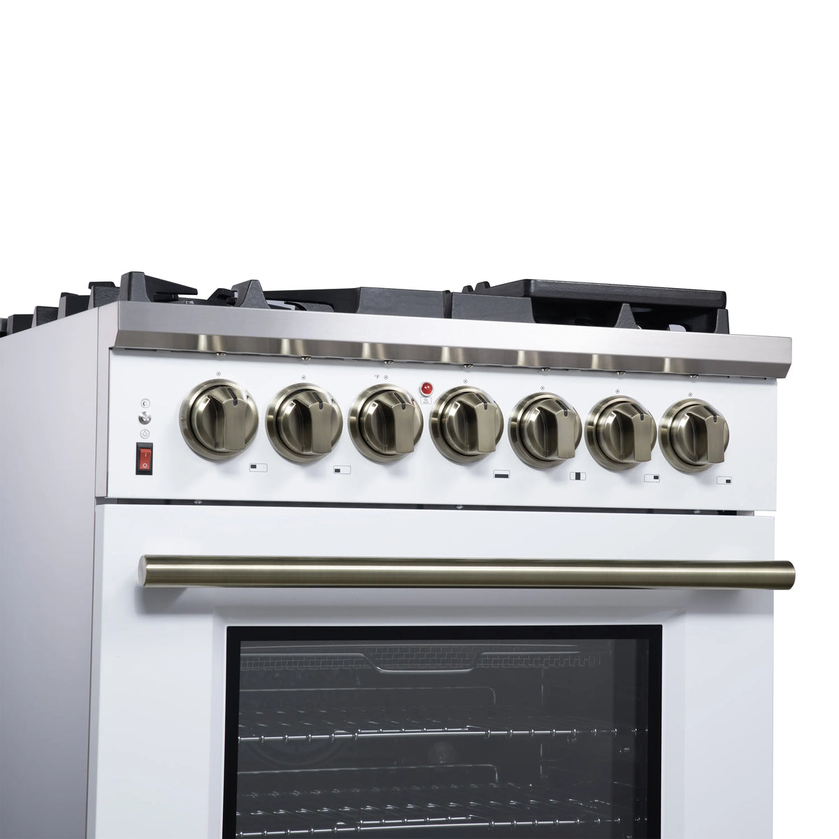 White range cooktop with brass knobs and oven window, stainless trim and burner grates