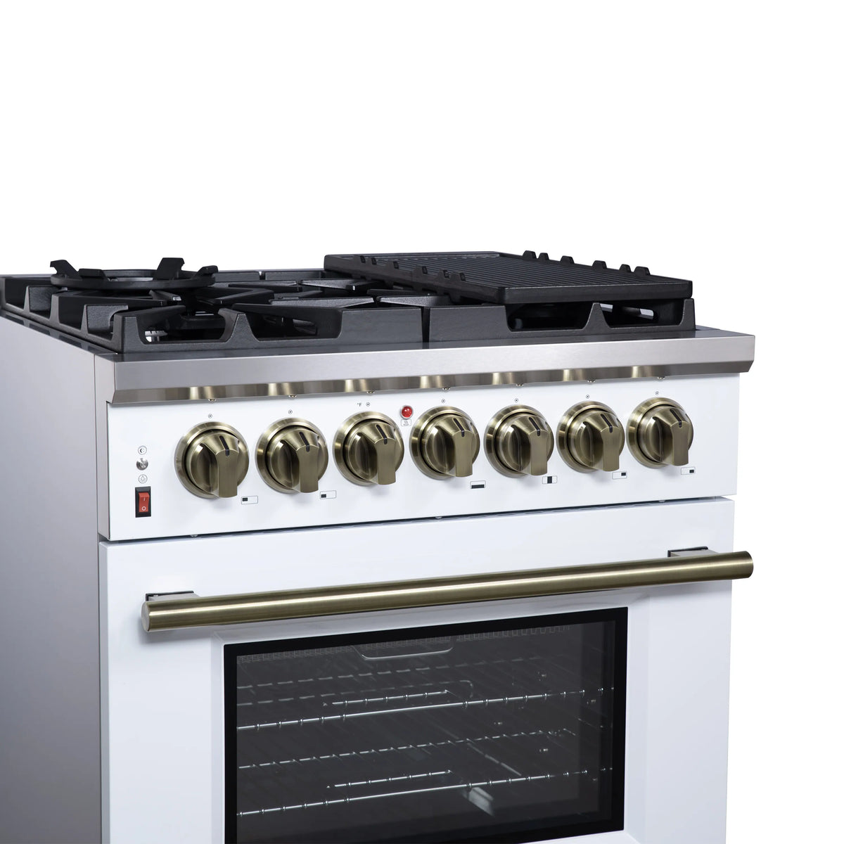 White range cooktop with 5 brass control knobs and long brass handle above oven door