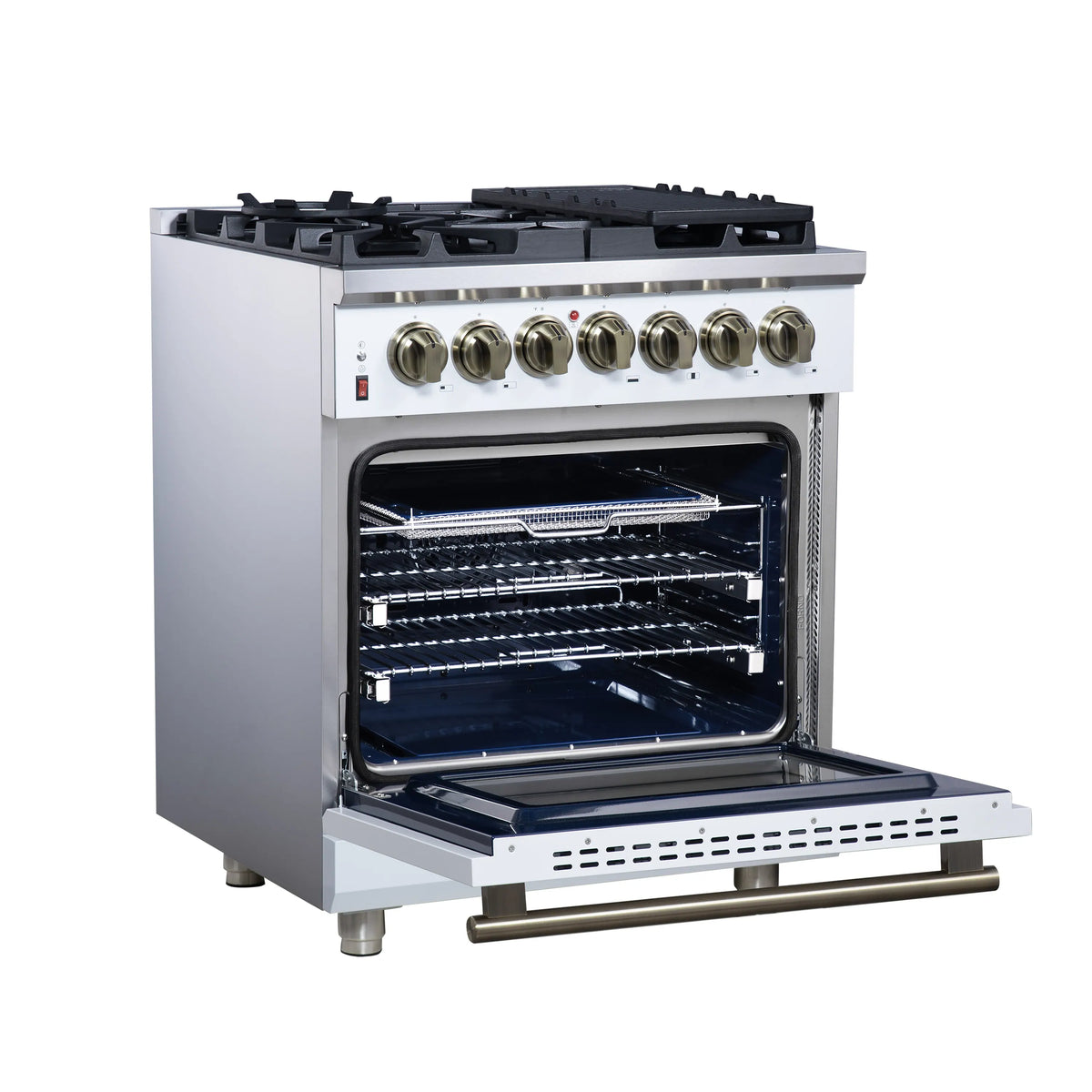 White dual fuel range with open oven door, racks inside, brass handle and control knobs