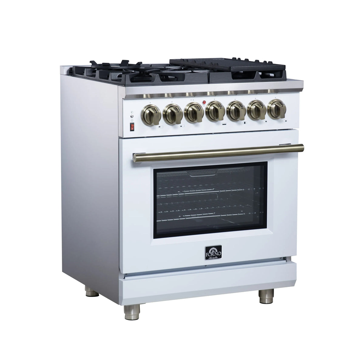 White freestanding dual fuel range with brass knobs, long handle, and visible leveling feet