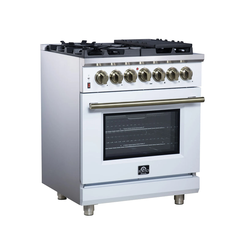 Forno Massimo 30-Inch Freestanding Dual Fuel Range with 4 Burners & 4.32 Cu. Ft. Convection Oven in White with Antique Brass Handle (FFSGS6125-30WHT)