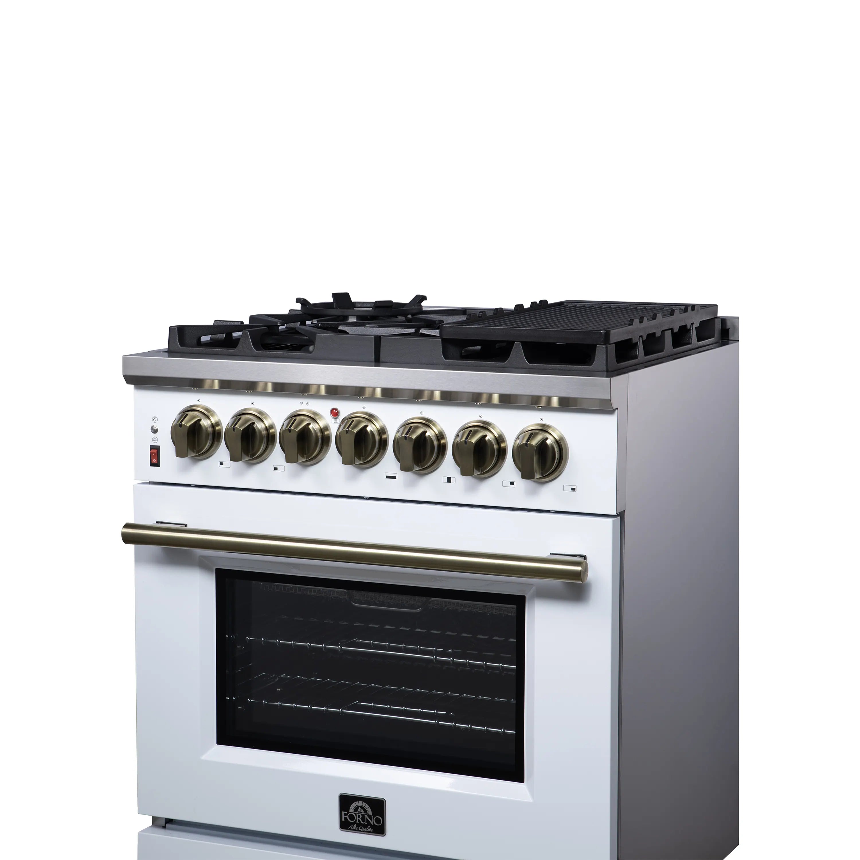 White freestanding dual fuel range with brass handle and black oven door window