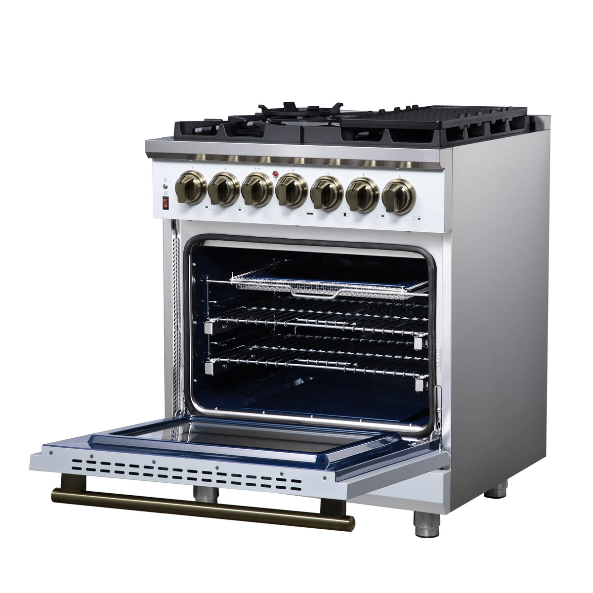 Open convection oven of a white dual fuel range with racks and brass handle