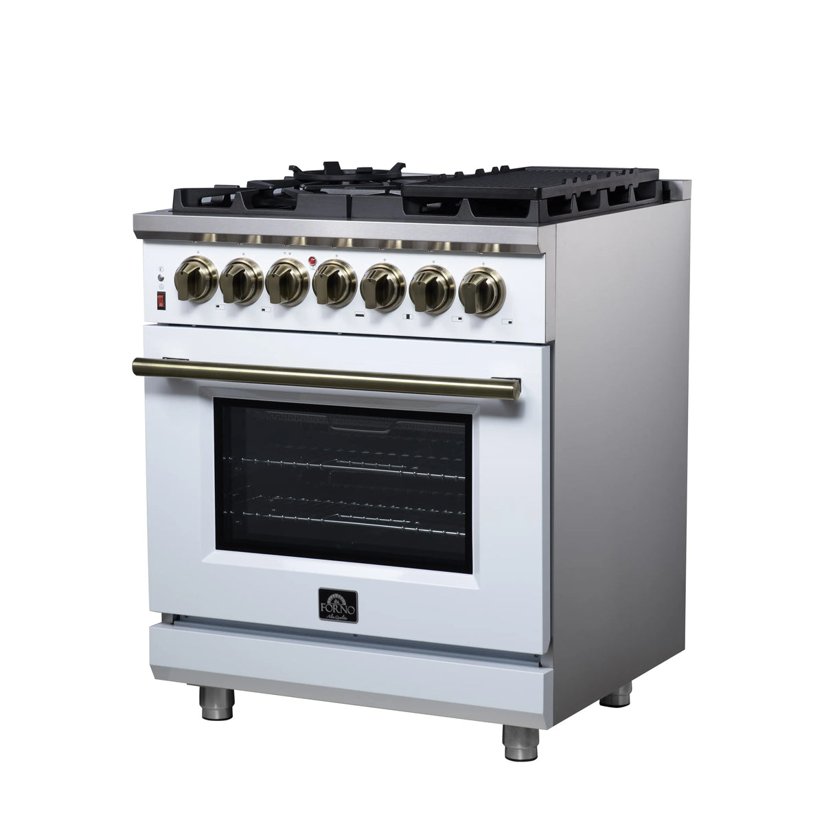 White freestanding dual fuel range with brass control knobs and closed oven door