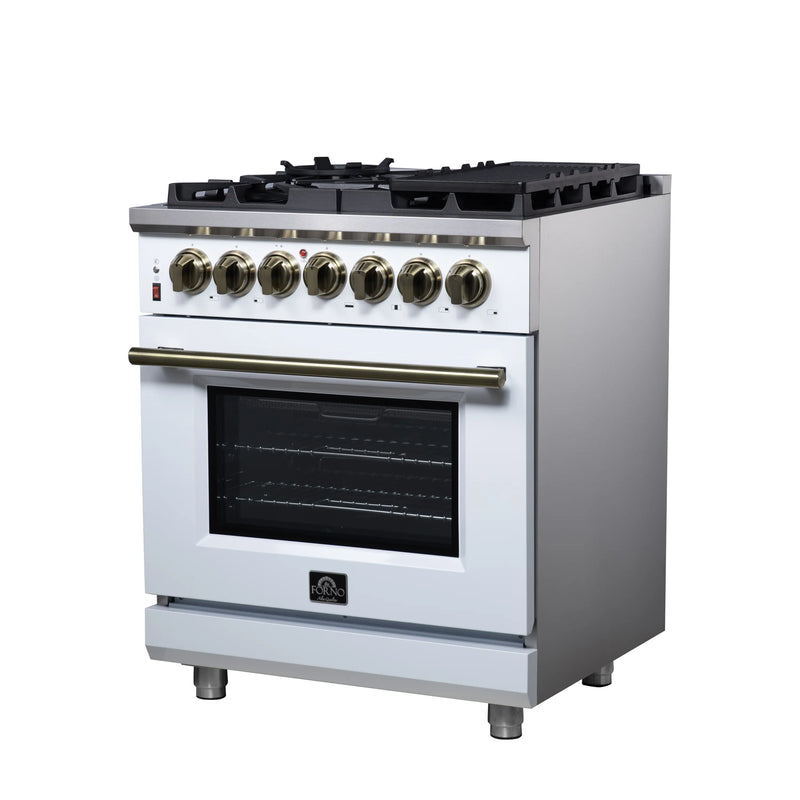 Forno Massimo 30-Inch Freestanding Dual Fuel Range with 4 Burners & 4.32 Cu. Ft. Convection Oven in White with Antique Brass Handle (FFSGS6125-30WHT)